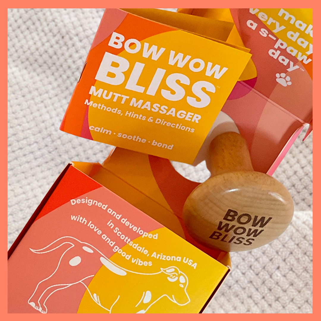 Bow Wow Bliss beechwood dog massager with pressure point chart and how-to pamphlet in Koukla Pet relaxation kit