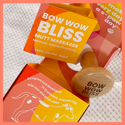 Bow Wow Bliss beechwood dog massager with pressure point chart and how-to pamphlet in Koukla Pet relaxation kit